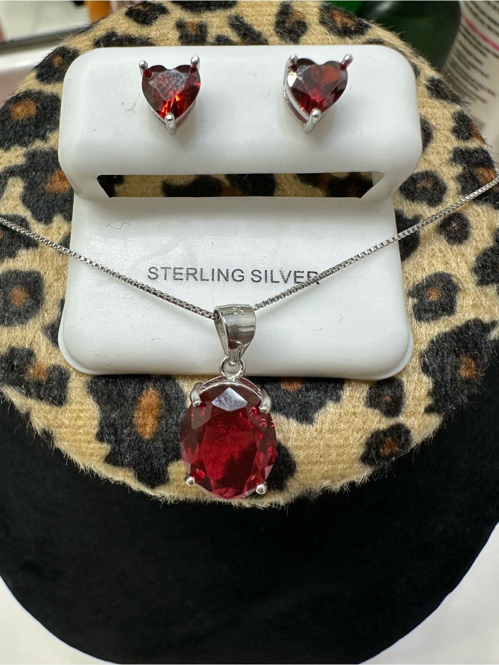 Sterling Silver 925 Ruby Gemstone Necklace and Heart Stud Earrings Set